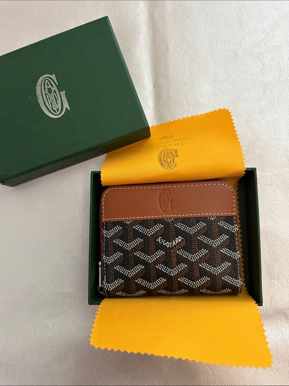 Goyard Brown & Black Chevron Card Case with Tan Leather Trim